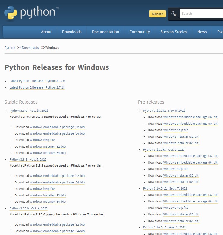 Python.orgのWindows用ダウンロード一覧